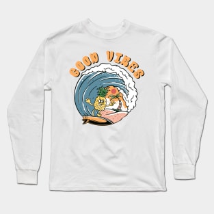 pineapple surfing retro cartoon Long Sleeve T-Shirt